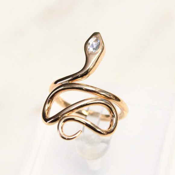 14k Yellow Gold Snake Ring with Rose Cut Diamond Head - Picture 3 of 5